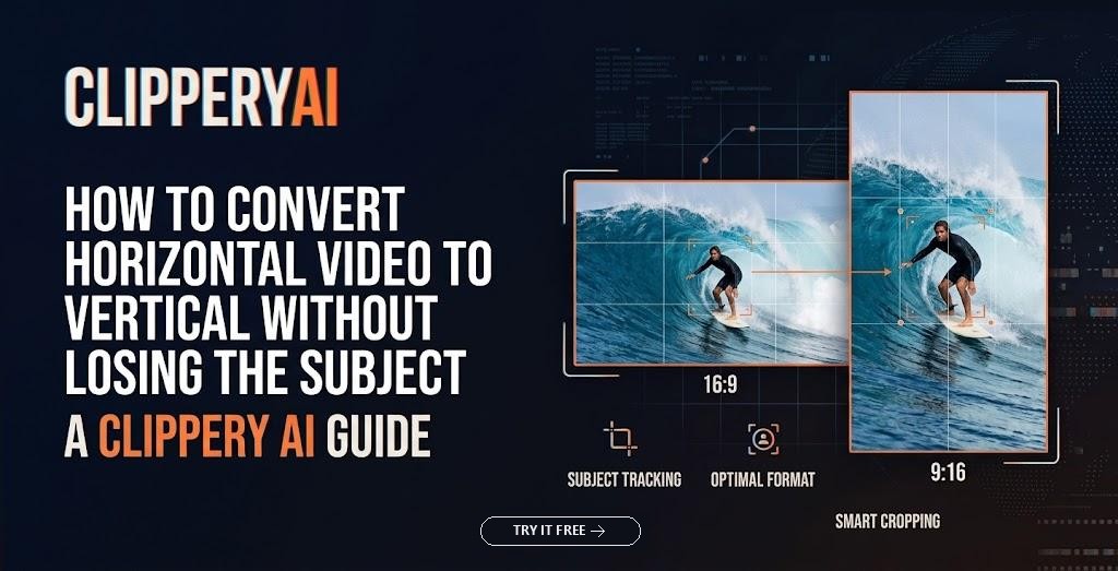 Header image: how to convert horizontal video to vertical without losing the subject, a surfer in a 16:9 frame and a 9:16 crop
