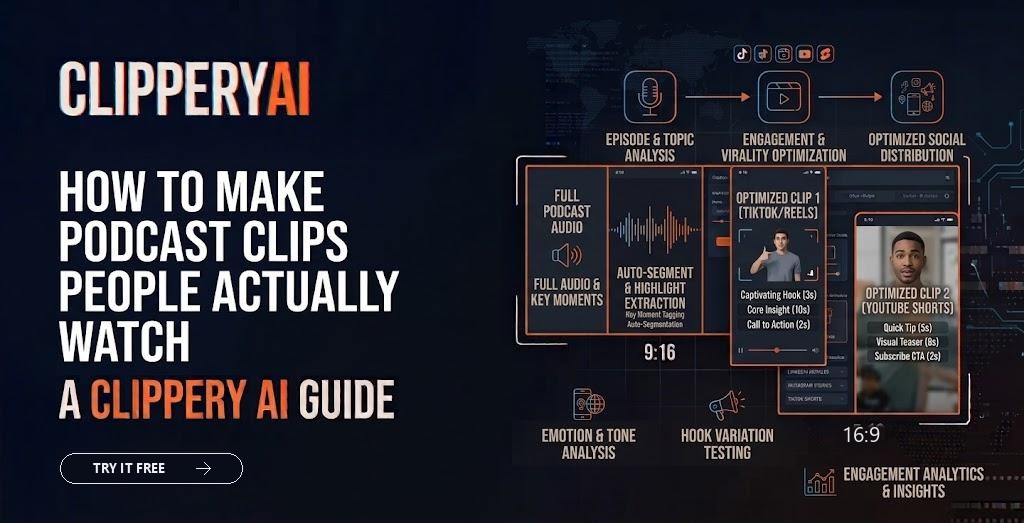 Header image: how to make podcast clips people actually watch, from full podcast audio to optimized clips for TikTok, Reels and YouTube Shorts
