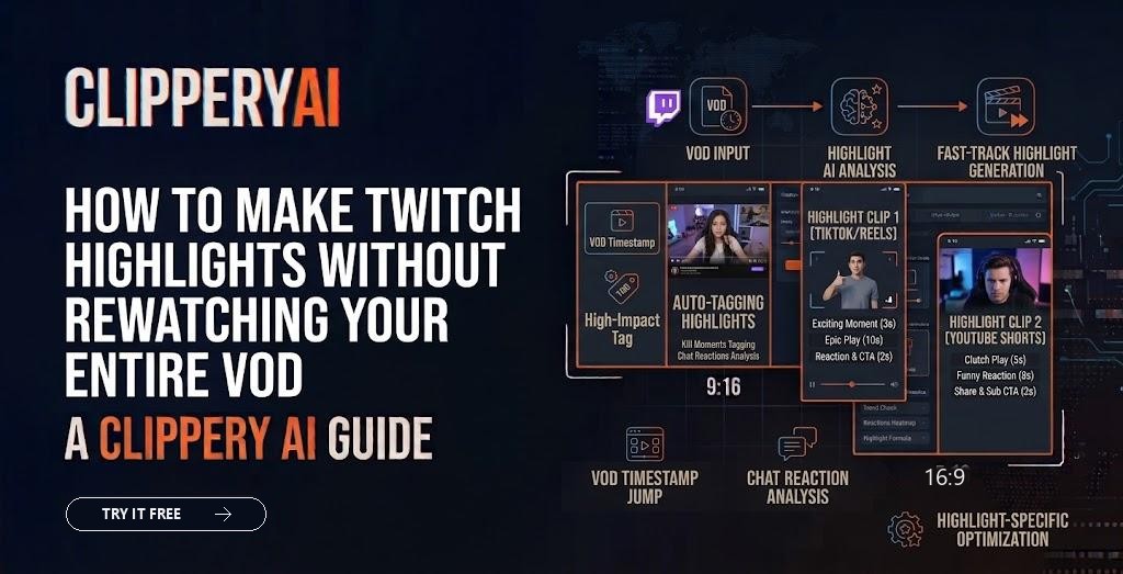 Header image: how to make Twitch highlights without rewatching your entire VOD, from VOD input to highlight clips