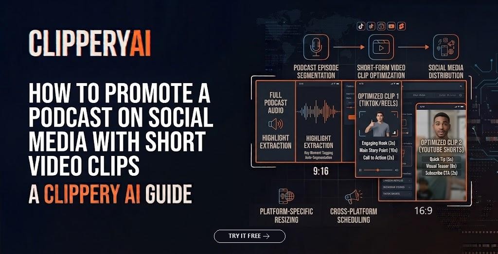Header image: how to promote a podcast on social media with short video clips, from episode to social distribution